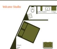 Volcano Studio layout (2 queen beds)